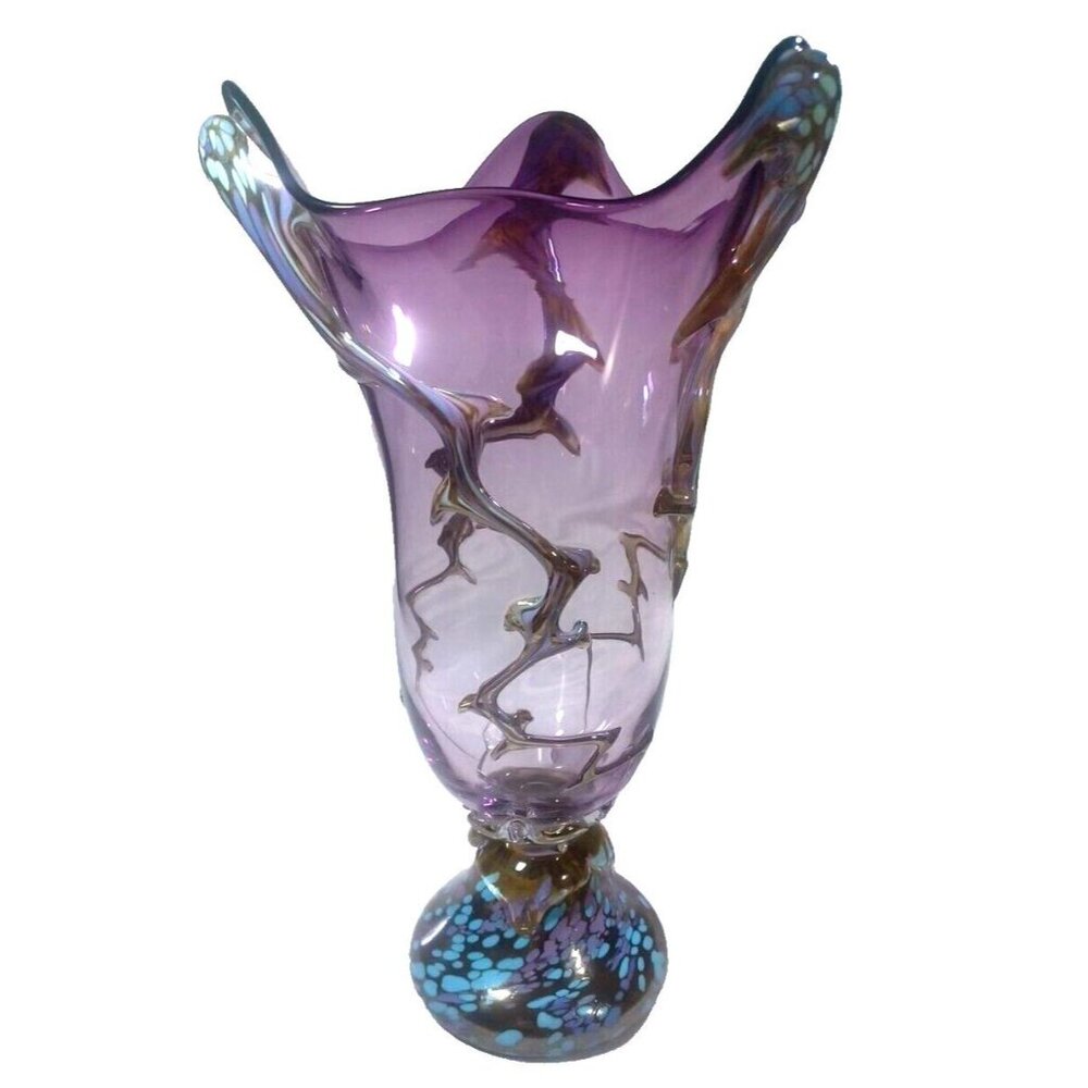 Unique 13 X 7.5  Purple Art Deco Murano Vines Confetti Centerpiece Vase Vintage - Picture 9 of 16